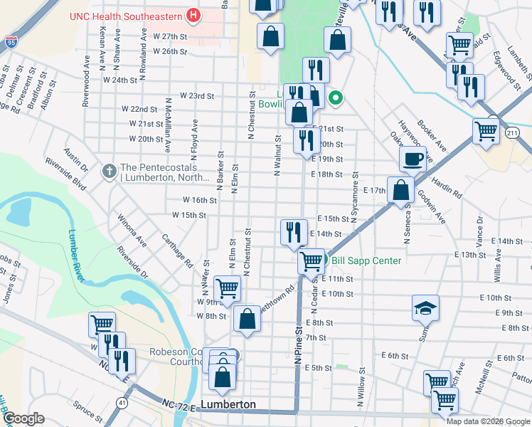 map of restaurants, bars, coffee shops, grocery stores, and more near 207 Oxford Road in Lumberton
