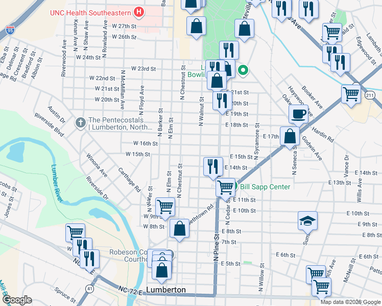 map of restaurants, bars, coffee shops, grocery stores, and more near 207 Oxford Road in Lumberton