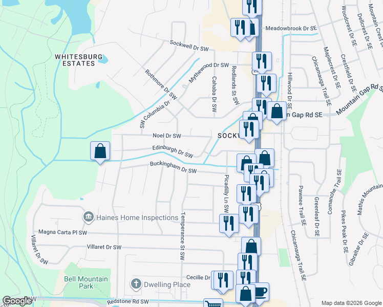 map of restaurants, bars, coffee shops, grocery stores, and more near 2106 Edinburgh Drive Southwest in Huntsville