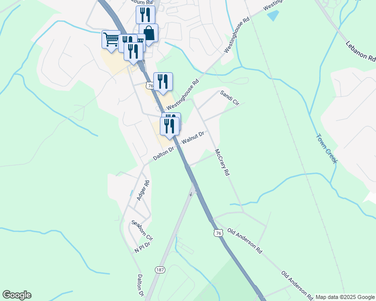map of restaurants, bars, coffee shops, grocery stores, and more near 7445 U.S. 76 in Pendleton