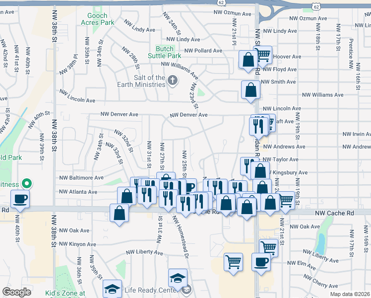 map of restaurants, bars, coffee shops, grocery stores, and more near 1630 Northwest 25th Street in Lawton