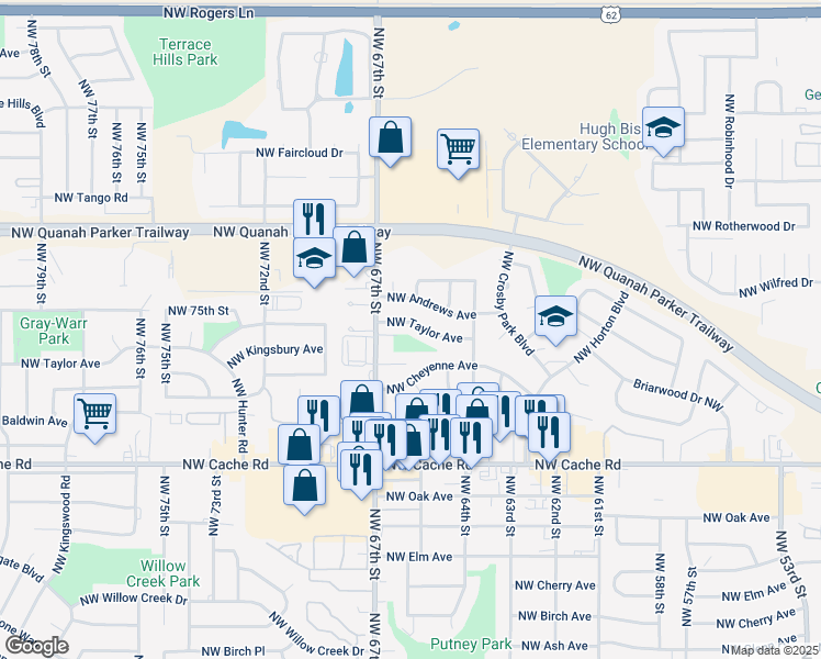 map of restaurants, bars, coffee shops, grocery stores, and more near 6324 Northwest Taylor Avenue in Lawton