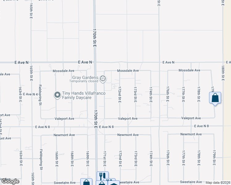 map of restaurants, bars, coffee shops, grocery stores, and more near 41003 172nd Street East in Lancaster