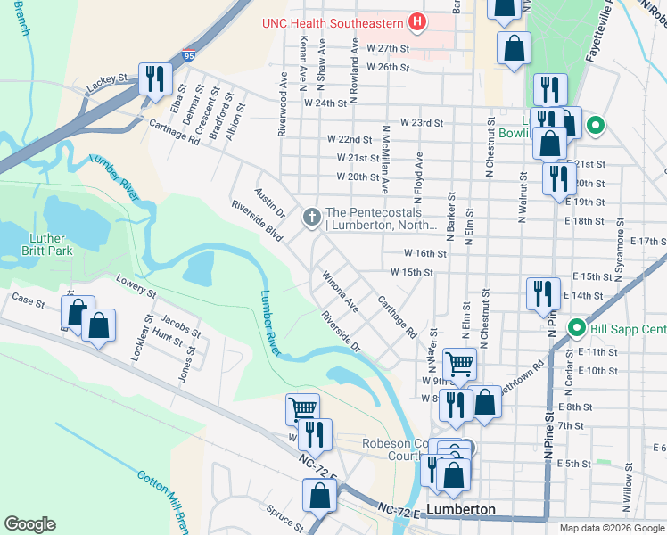 map of restaurants, bars, coffee shops, grocery stores, and more near 803 Winona Ave in Lumberton