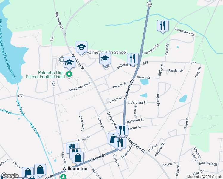 map of restaurants, bars, coffee shops, grocery stores, and more near 22 Church Street in Williamston
