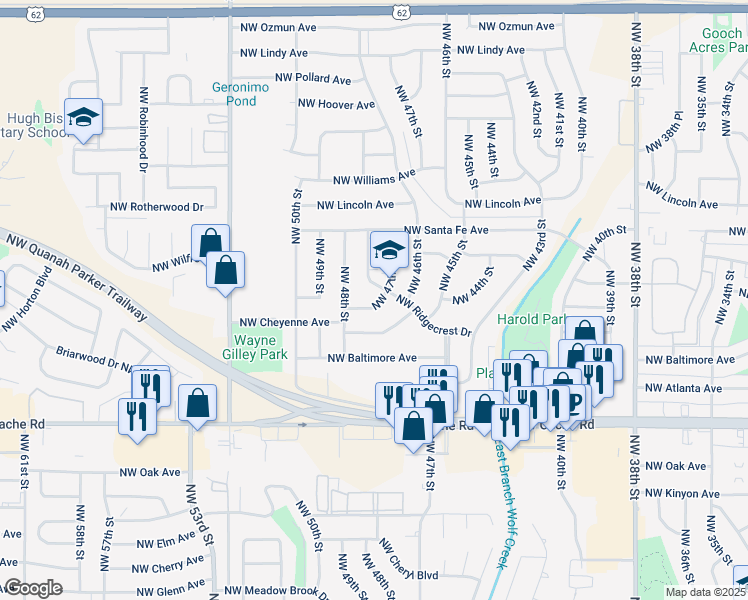 map of restaurants, bars, coffee shops, grocery stores, and more near 1509 Northwest 47th Street in Lawton