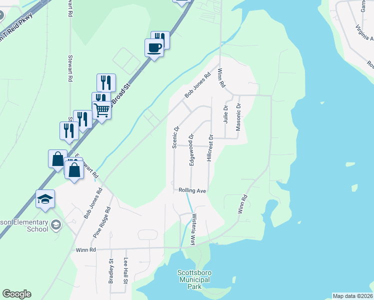 map of restaurants, bars, coffee shops, grocery stores, and more near 3202 Edgewood Drive in Scottsboro