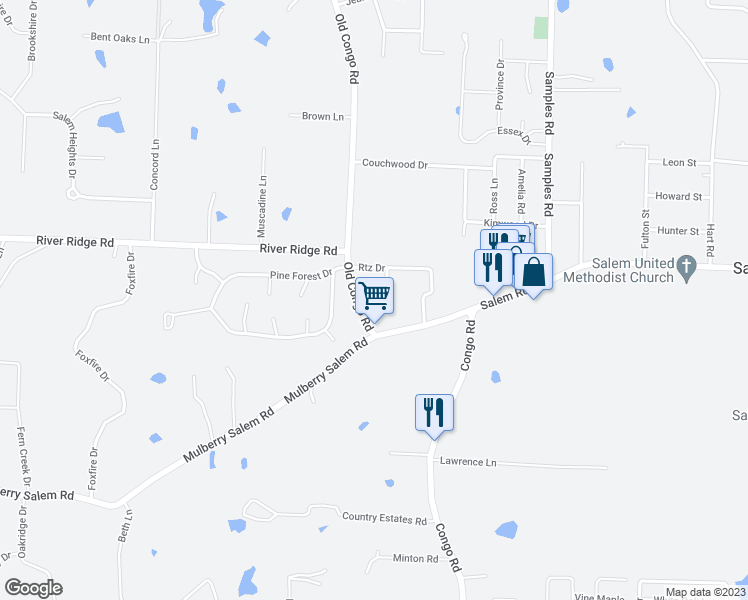 map of restaurants, bars, coffee shops, grocery stores, and more near 6938 Congo Road in Benton