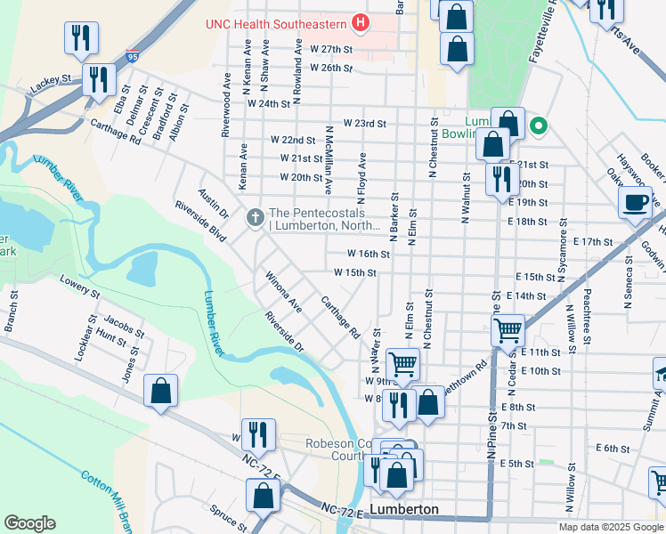 map of restaurants, bars, coffee shops, grocery stores, and more near 318 West 15th Street in Lumberton