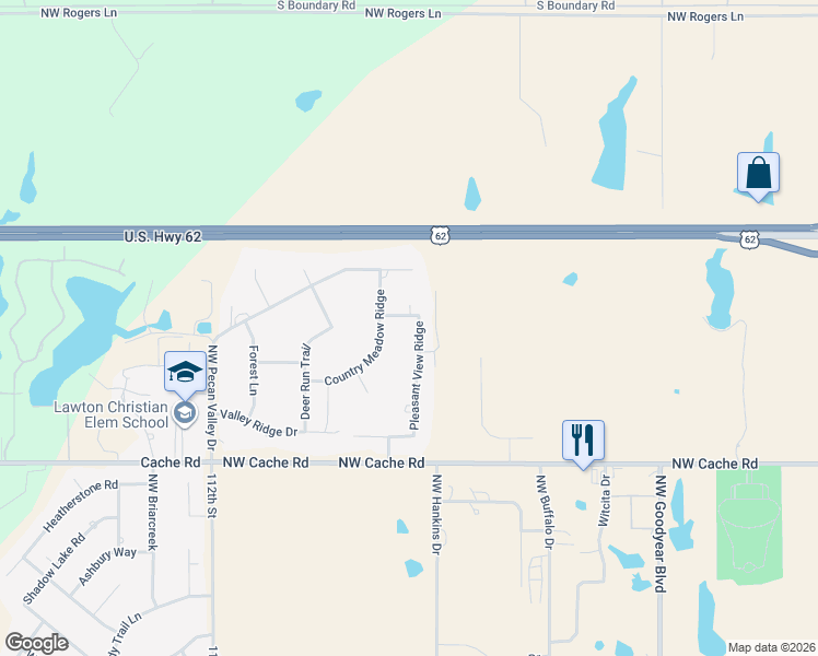 map of restaurants, bars, coffee shops, grocery stores, and more near 12 Pleasant View Ridge in Lawton