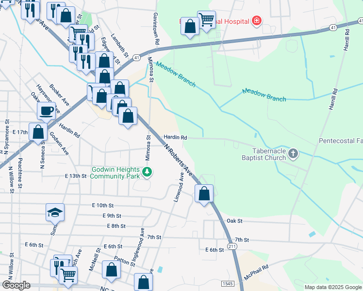 map of restaurants, bars, coffee shops, grocery stores, and more near 1616 Hardin Road in Lumberton