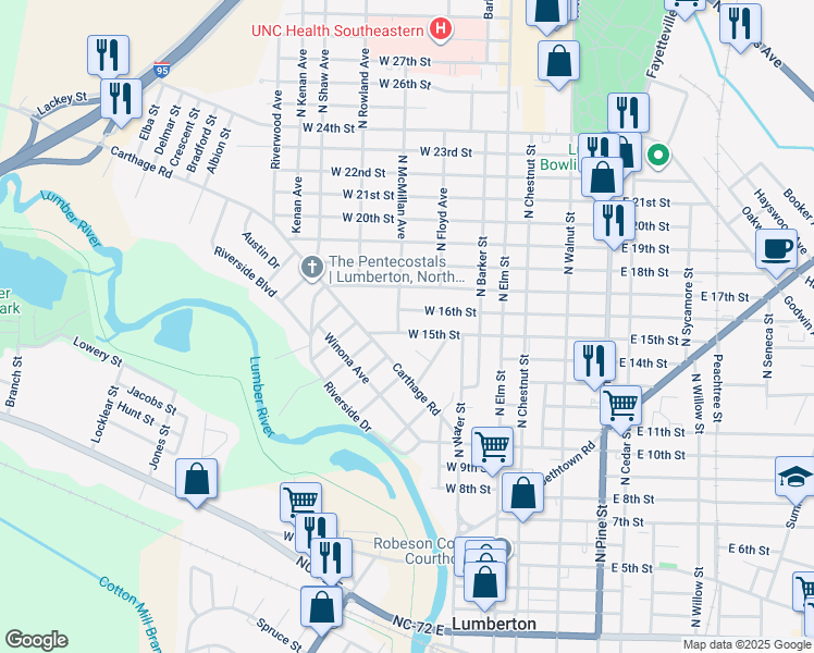 map of restaurants, bars, coffee shops, grocery stores, and more near 318 West 15th Street in Lumberton