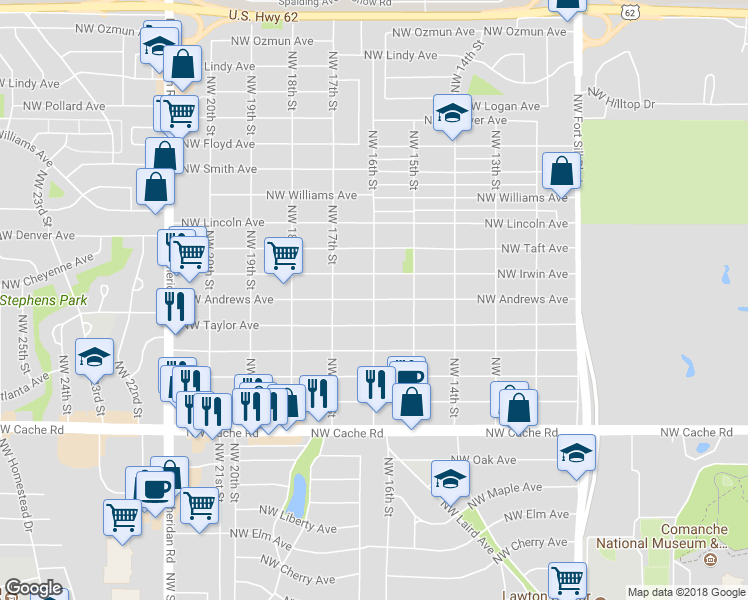 map of restaurants, bars, coffee shops, grocery stores, and more near 1899 Northwest 16th Street in Lawton
