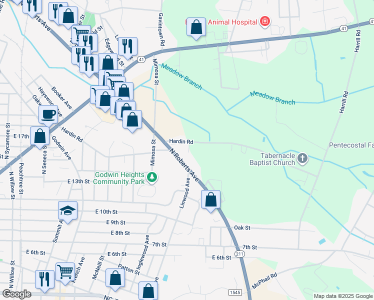 map of restaurants, bars, coffee shops, grocery stores, and more near 1616 Hardin Road in Lumberton