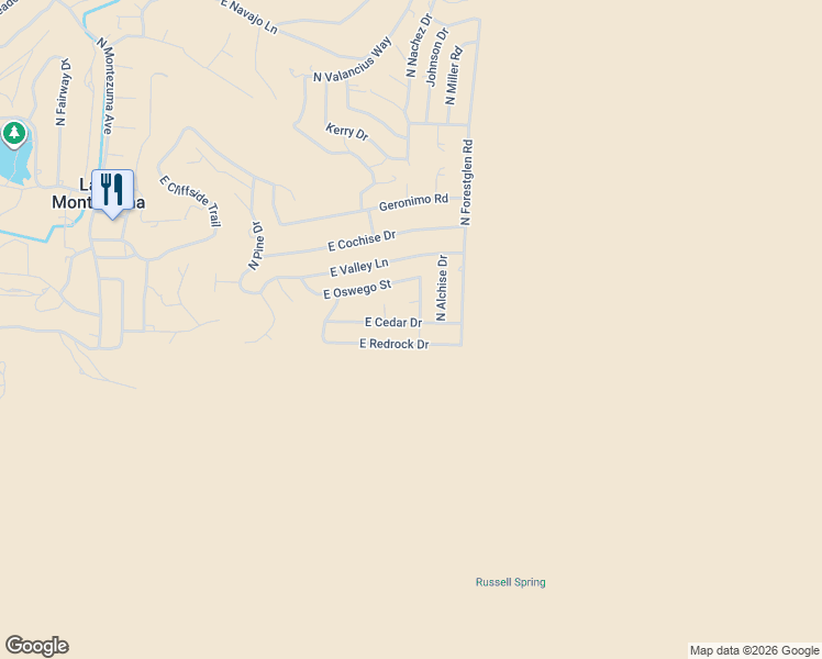 map of restaurants, bars, coffee shops, grocery stores, and more near 4930 East Redrock Drive in Lake Montezuma