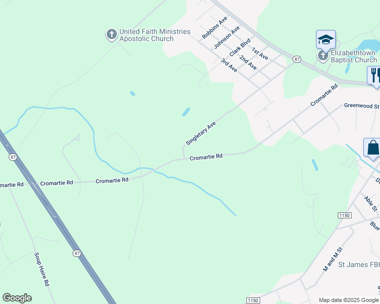 map of restaurants, bars, coffee shops, grocery stores, and more near 768 Cromartie Road in Elizabethtown