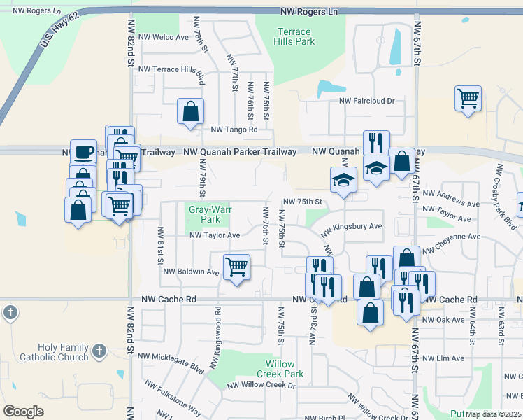 map of restaurants, bars, coffee shops, grocery stores, and more near 1808 Northwest 76th Street in Lawton