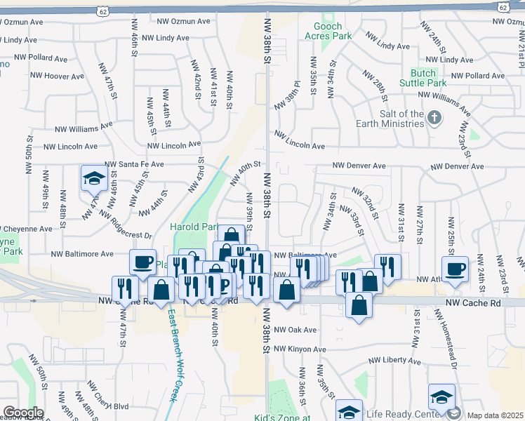 map of restaurants, bars, coffee shops, grocery stores, and more near 1617 Northwest 39th Street in Lawton