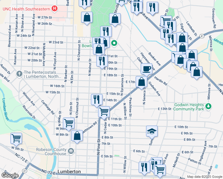map of restaurants, bars, coffee shops, grocery stores, and more near 513 East 15th Street in Lumberton