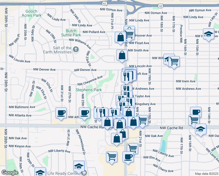 map of restaurants, bars, coffee shops, grocery stores, and more near 1802 Northwest 22nd Street in Lawton