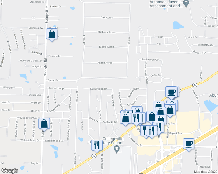 map of restaurants, bars, coffee shops, grocery stores, and more near 1308 Kensington Drive in Bryant