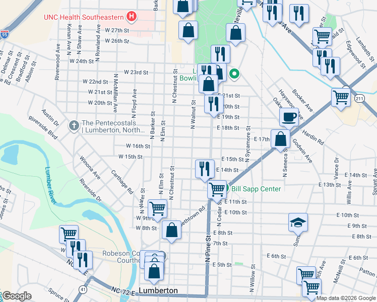 map of restaurants, bars, coffee shops, grocery stores, and more near 207 Oxford Road in Lumberton