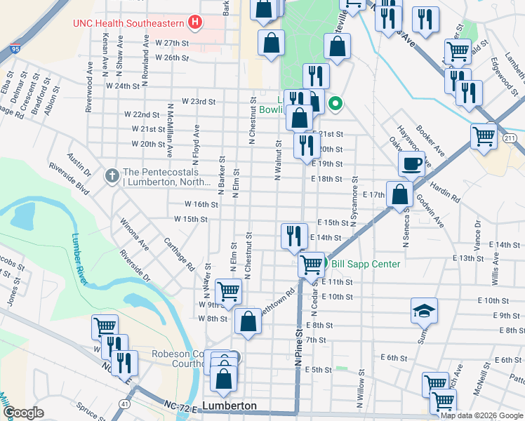 map of restaurants, bars, coffee shops, grocery stores, and more near 207 Oxford Road in Lumberton