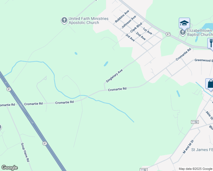 map of restaurants, bars, coffee shops, grocery stores, and more near 768 Cromartie Road in Elizabethtown