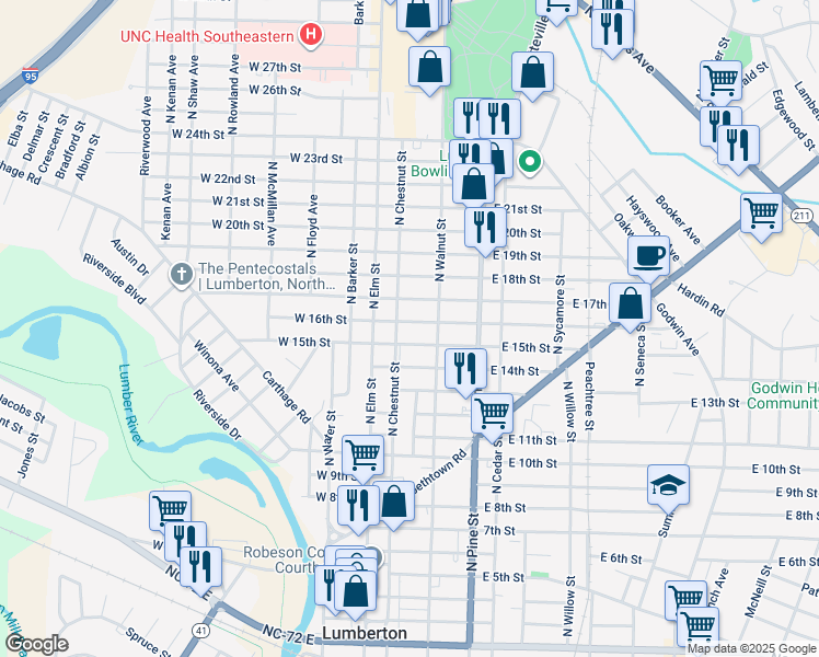 map of restaurants, bars, coffee shops, grocery stores, and more near 206 East 16th Street in Lumberton