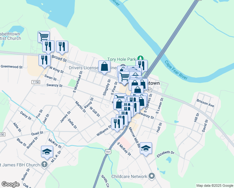 map of restaurants, bars, coffee shops, grocery stores, and more near 209 West King Street in Elizabethtown
