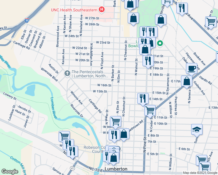 map of restaurants, bars, coffee shops, grocery stores, and more near 201 West 15th Street in Lumberton