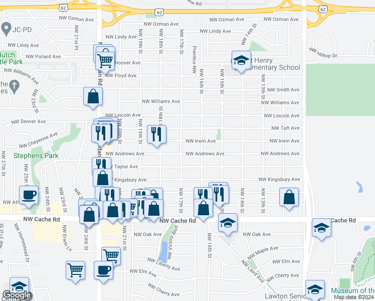 map of restaurants, bars, coffee shops, grocery stores, and more near 1611 Northwest Andrews Avenue in Lawton