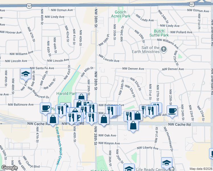 map of restaurants, bars, coffee shops, grocery stores, and more near 1609 Northwest 36th Street in Lawton