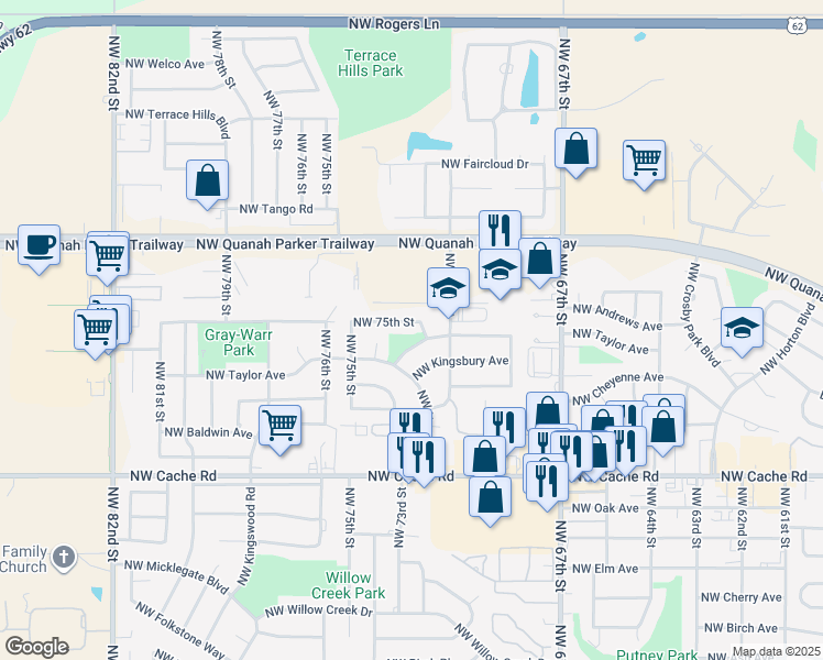 map of restaurants, bars, coffee shops, grocery stores, and more near 7214 Northwest Taylor Avenue in Lawton