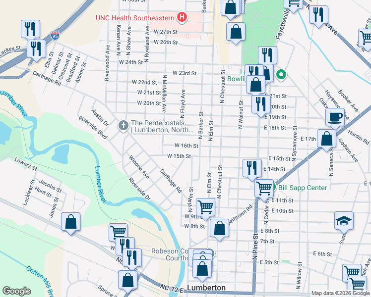 map of restaurants, bars, coffee shops, grocery stores, and more near 305 West 15th Street in Lumberton