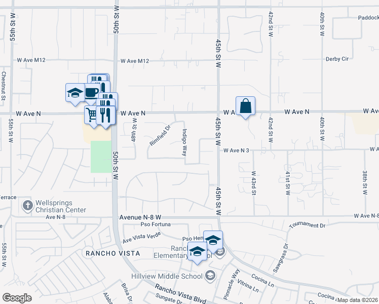 map of restaurants, bars, coffee shops, grocery stores, and more near 41030 Indigo Way in Palmdale