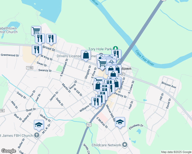 map of restaurants, bars, coffee shops, grocery stores, and more near 209 West King Street in Elizabethtown