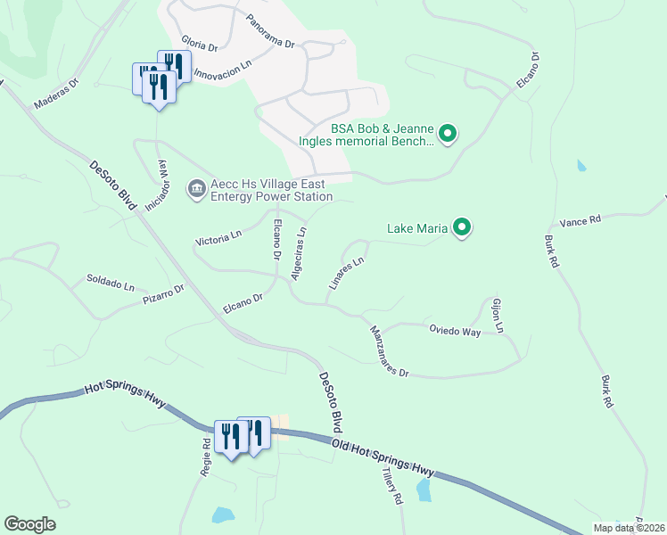 map of restaurants, bars, coffee shops, grocery stores, and more near 3 Linares Lane in Hot Springs Village