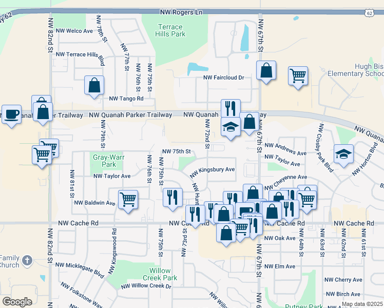 map of restaurants, bars, coffee shops, grocery stores, and more near 7304 Northwest Andrews Avenue in Lawton