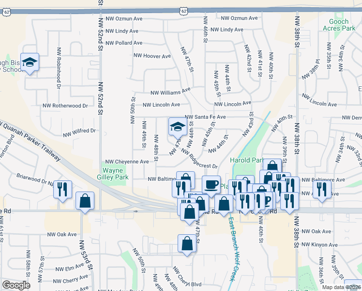 map of restaurants, bars, coffee shops, grocery stores, and more near 4607 Northwest Ridgecrest Drive in Lawton