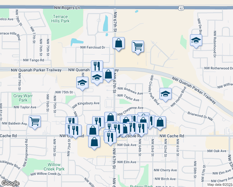 map of restaurants, bars, coffee shops, grocery stores, and more near 6333 Northwest Taylor Avenue in Lawton