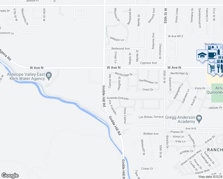 map of restaurants, bars, coffee shops, grocery stores, and more near 41058 Carmel Road in Palmdale