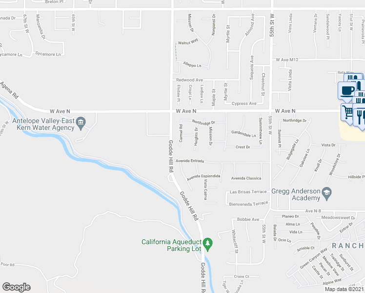 map of restaurants, bars, coffee shops, grocery stores, and more near 41058 Carmel Road in Palmdale