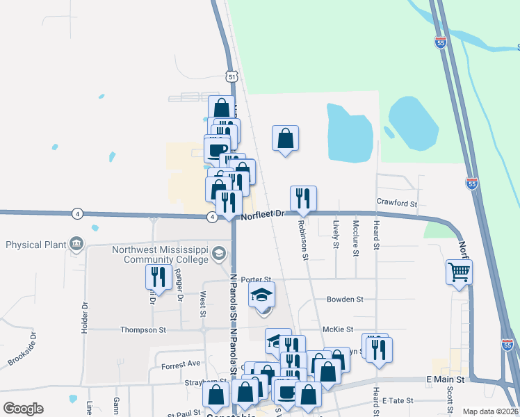 map of restaurants, bars, coffee shops, grocery stores, and more near Allen in Senatobia