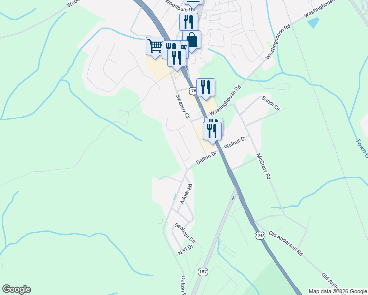 map of restaurants, bars, coffee shops, grocery stores, and more near 109 Weaver Way in Pendleton