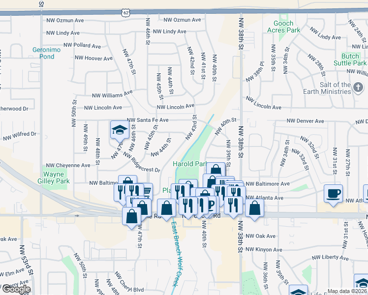 map of restaurants, bars, coffee shops, grocery stores, and more near 1547 Northwest 43rd Street in Lawton