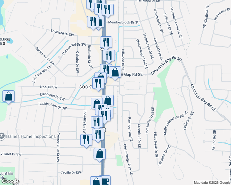 map of restaurants, bars, coffee shops, grocery stores, and more near 11502 Jade Lane Southeast in Huntsville
