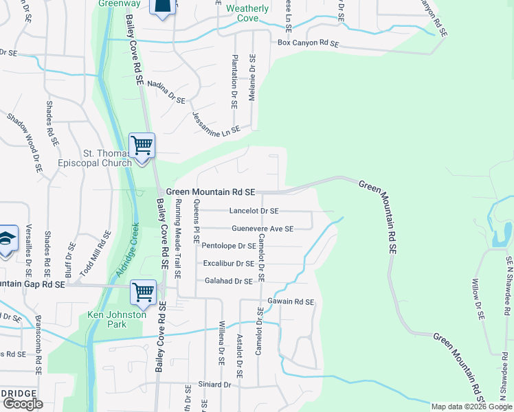 map of restaurants, bars, coffee shops, grocery stores, and more near 2518 Green Mountain Road Southeast in Huntsville