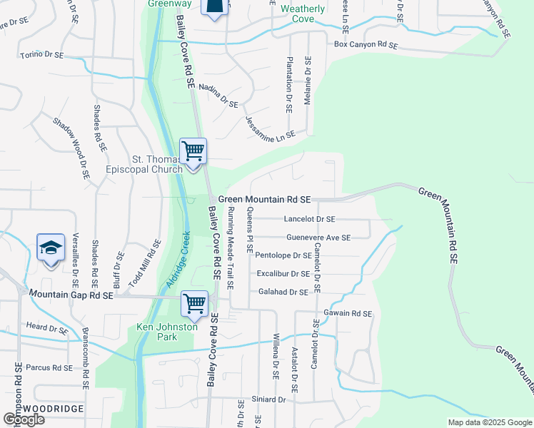 map of restaurants, bars, coffee shops, grocery stores, and more near 12001 Queens Place Southeast in Huntsville