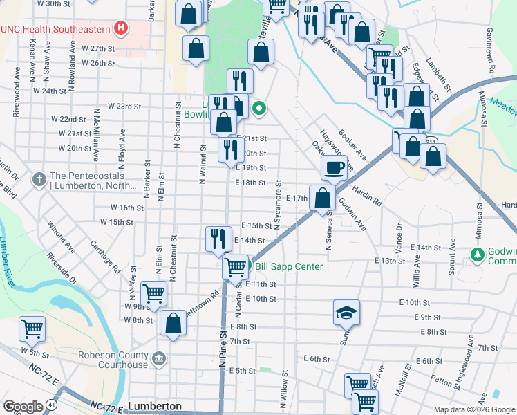 map of restaurants, bars, coffee shops, grocery stores, and more near 519 East 16th Street in Lumberton